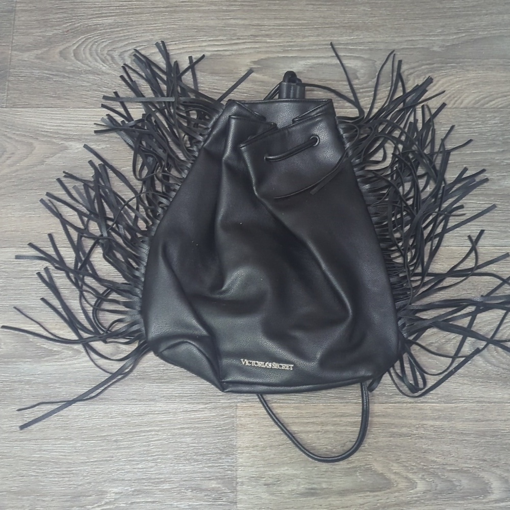 Like New Victoria's Secret Black Drawstring Tassle Bag Purse - Picture 7 of 8